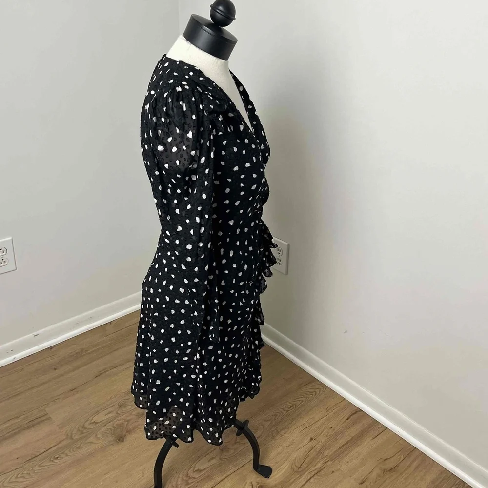 Rebecca Taylor Black Polka Dot Long‎ Sleeve V Neck Silk Faux Wrap Dress Size 4